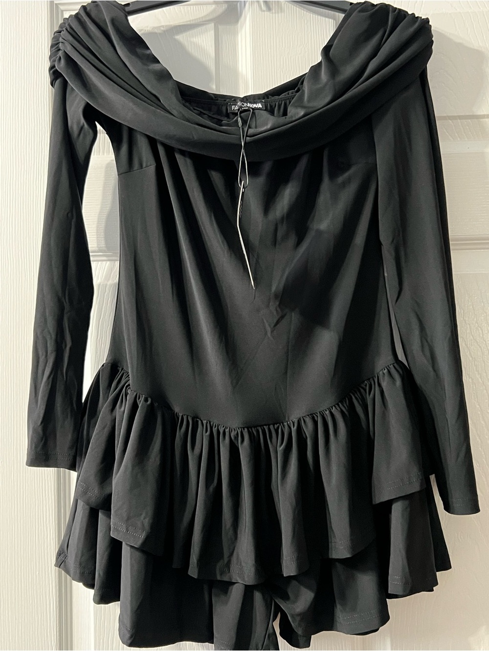 Fashion Nova Black Off-Shoulder Ruffle Romper